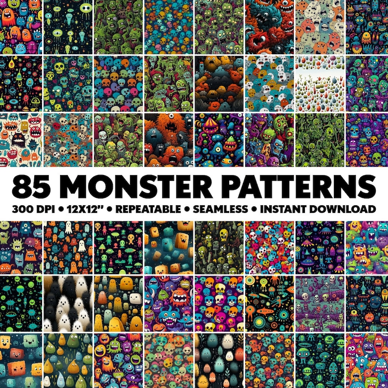 85 Monster Patterns Seamless Scary Patterns Repeatable Monster Pattern ...