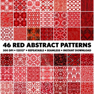May include: 46 red abstract patterns, 300 DPI, 12x12 inches, repeatable, seamless, instant download.  The patterns are a mix of geometric and floral designs.
