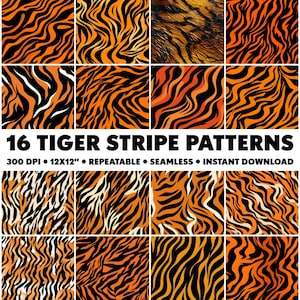 May include: 16 digital seamless tiger stripe patterns in orange, black, and white. 300 DPI, 12x12 inches, repeatable, instant download.