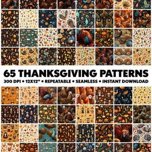 Op de afbeelding: 65 digitale Thanksgiving-patronen met kalkoenen, pompoenen, bladeren en andere herfstthema's. De patronen zijn naadloos en kunnen worden gebruikt voor knutselen, scrapbooking en andere projecten.