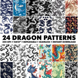May include: 24 digital dragon patterns in various styles, including cartoon, traditional, and abstract. The patterns are seamless and repeatable, perfect for crafting projects, scrapbooking, and more.