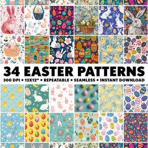 Peut inclure: 34 motifs numériques de Pâques dans une variété de styles, y compris des lapins, des poussins, des œufs et des fleurs. Les motifs mesurent 12x12 pouces et 300 DPI, ce qui les rend parfaits pour l'impression ou les projets numériques.