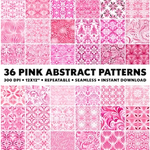 May include: 36 pink abstract patterns, 300 DPI, 12x12 inches, repeatable, seamless, instant download.  The patterns are a mix of floral, geometric, and abstract designs.
