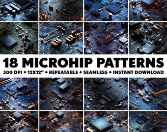 18 Microchip Patterns Computer Seamless Patterns Transistor Repeatable Electronics Pattern Endless Chip Pattern Infinite Design CPU Seamless
