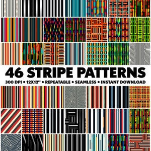 May include: 46 digital stripe patterns in various colours and styles. The patterns are seamless and can be repeated. The patterns are 300 DPI and 12x12 inches.