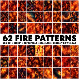 May include: 62 digital seamless fire patterns in various shades of red, orange, and yellow. The patterns are 12x12 inches and 300 DPI.