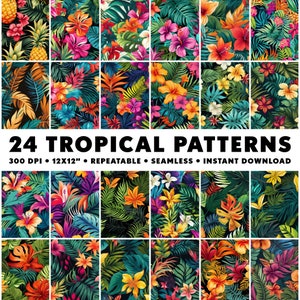 Op de afbeelding: 24 tropische naadloze patronen met levendige bloemen en weelderig groen blad. De patronen zijn 12x12 inch en 300 DPI.