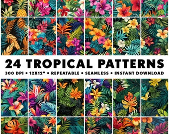 24 Tropical Patterns Flower Seamless Tropical Patterns Repeatable Colorful Pattern Blooming Endless Pattern Tropic Infinite Design Seamless
