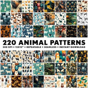 May include: A collection of 220 animal patterns, each featuring a different animal design. The patterns are seamless and repeatable, and they are available for instant download. The patterns are 300 DPI and 12x12 inches.