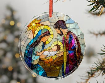 Adorno de Natividad de vitrales, adorno navideño de cristal de la Sagrada Familia, decoración religiosa cristiana, adorno de pesebre de vidrio, regalo de Navidad