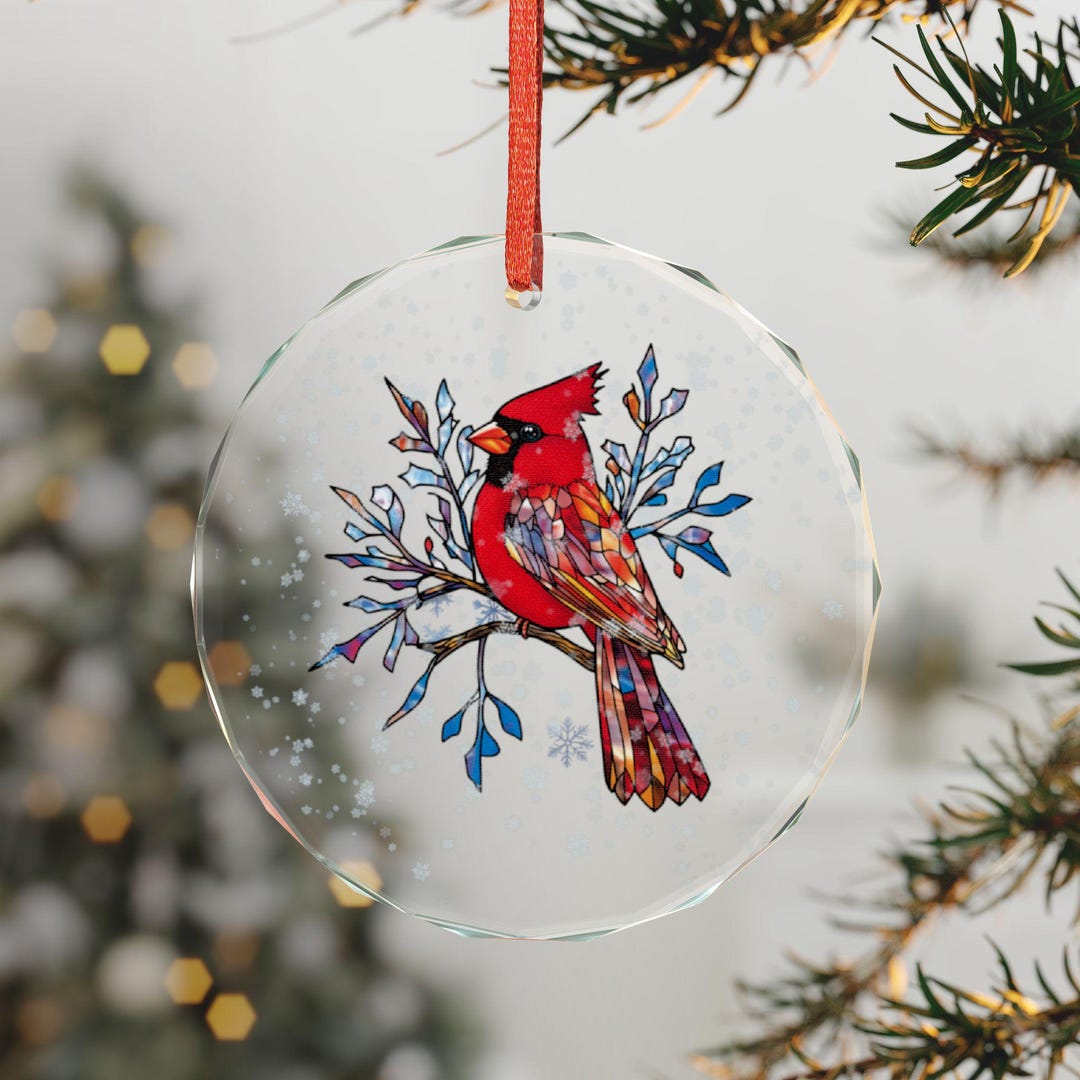 Stained Glass Cardinal Ornament Crystal Red Bird Winter Branch Art ...