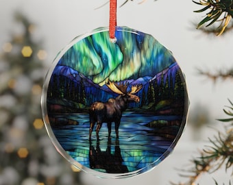Glasmalerei Elch Ornament Kristall Aurora Borealis Kunst Nordlichter Wildlife Dekor Natur Liebhaber Geschenk Rustikal Ornament Waldtier Kunst