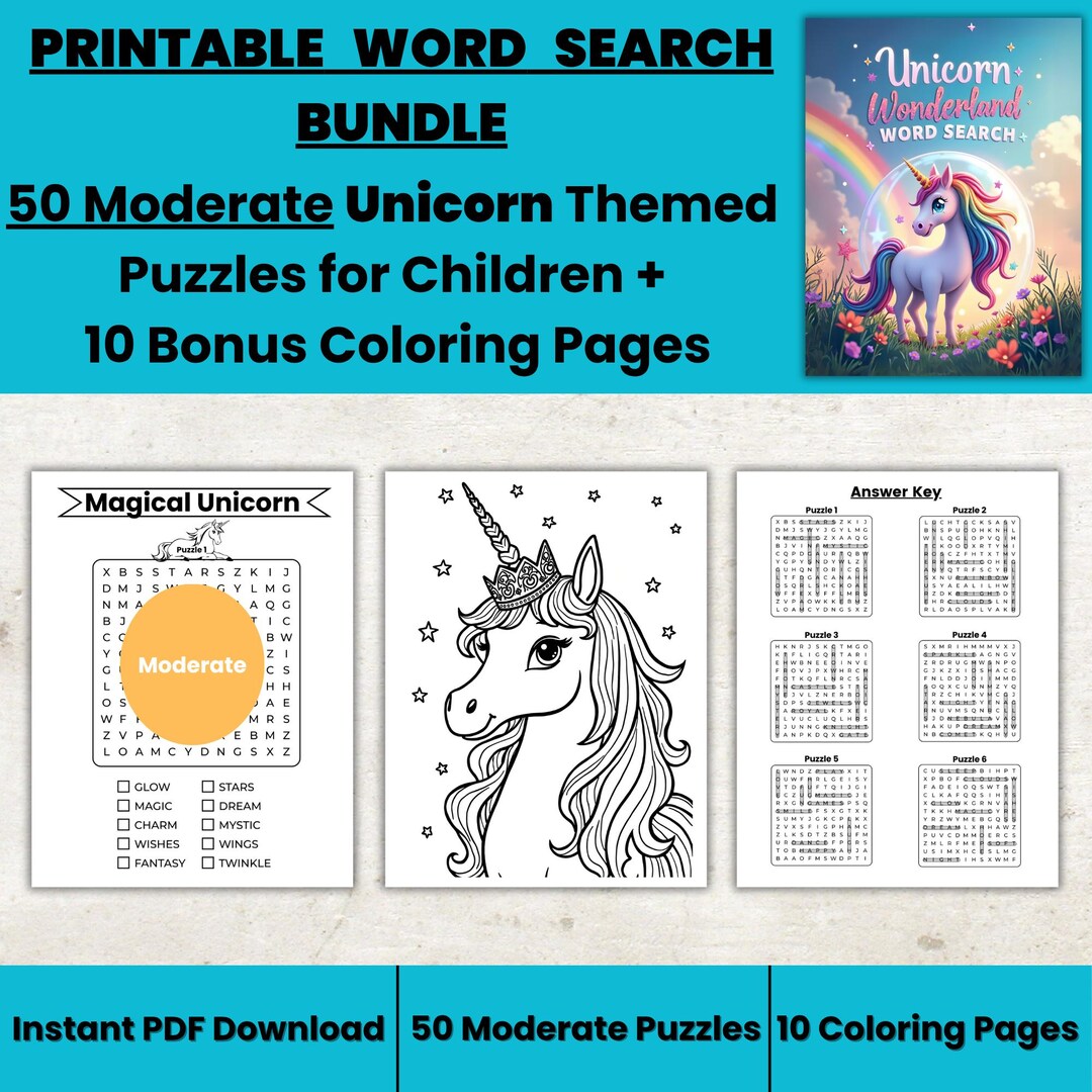 Unicorns Word Search: 50 Moderate Puzzles + 10 Coloring Pages (ages 8 ...