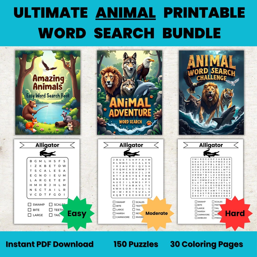 Animals Word Search Bundle for Kids: 150 Puzzles + 30 Coloring Pages ...