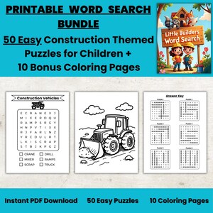 Construction Theme; 50-Page Easy Word Search Puzzles for Children Ages 5-7; Printable Word Search For Kids; Instant PDF Download