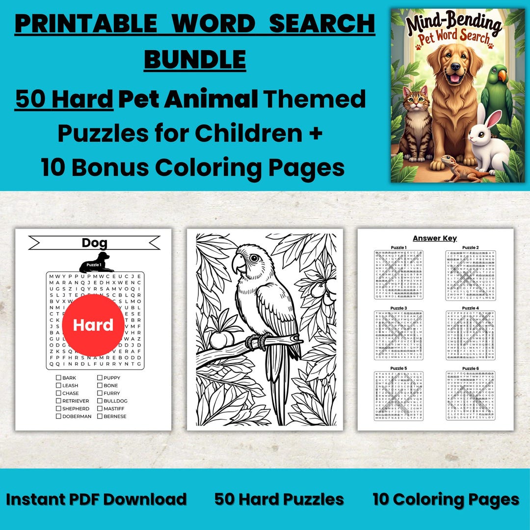 Pet Animals Word Search: 50 Hard Puzzles + 10 Coloring Pages (ages 8 ...