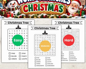 May include: A Christmas word search puzzle bundle featuring three difficulty levels labeled Easy, Moderate, and Hard. Each page includes a grid of letters, a list of holiday-themed words to find, and a Christmas tree icon. The header displays the text WORD SEARCHES CHRISTMAS.