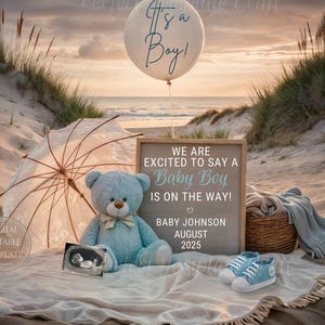 Annuncio di nascita di un maschietto in spiaggia, Annuncio di gravidanza digitale, È un maschietto, Annuncio personalizzato di gravidanza, Annuncio di nascita di un maschietto in estate, Orsetto di peluche