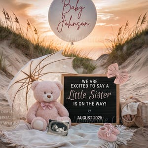Beach Little Sister Pregnancy Announcement: Summer Baby Girl #2 #3 #4 (Digital Download)