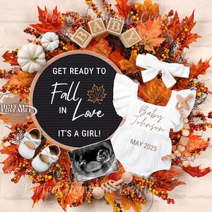 Fall Baby Girl Announcement Digital, Autumn Pregnancy Announcement, It&#39;s a girl Thanksgiving Reveal, Pumpkin Editable Template social media