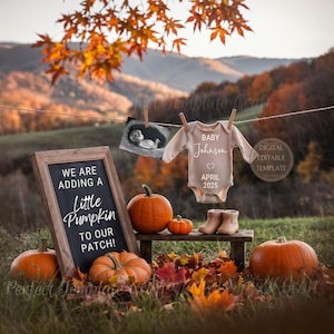 Little Pumpkin Pregnancy Announcement Digital, Fall Baby Reveal Template, Personalized Autumn Baby Announcement Editable, Pumpkin Patch,