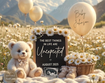 Unexpected Pregnancy Announcement digital, Surprise Baby Summer Gender Neutral Reveal, Spring Simple Boho Daisies Editable Template
