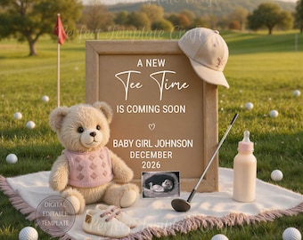 Golf Baby Girl Pregnancy Announcement Template, Tee Time Baby Reveal, Digital Spring Outdoor Theme