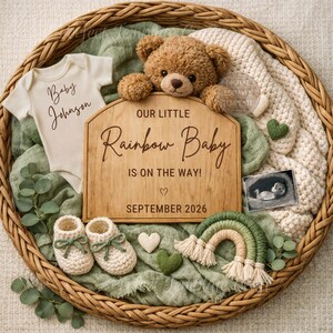 May include: A wicker basket holds baby items and a wooden sign. The sign reads "Our Little Rainbow Baby Is On The Way!" with the month and year "September 2026." Items include a teddy bear, baby booties, a onesie, a rainbow decoration, and a sonogram.