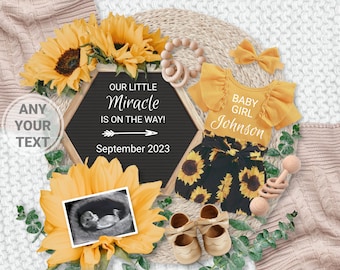 Sunflower Pregnancy Announcement Digital for social media, Editable Floral Baby Girl Reveal Announcement Template with ultrasound picture
