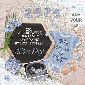 Its A Boy Digital Pregnancy Announcement, Baby Gender reveal for social media Editable template, Our family is growing by two tiny feet 2024