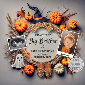 Halloween Big Brother zwangerschap aankondiging digitaal, tweede baby aankondiging bewerkbaar voor sociale media, gepromoveerd tot Big Brother baby #2 #3