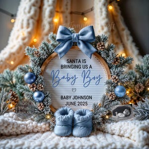 Annuncio di gravidanza di Natale per neonato Annuncio di dicembre per neonato Fiocco blu Boho Natale Inverno è un maschio Modello modificabile