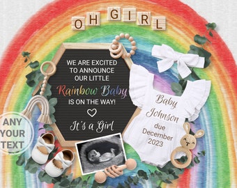 Rainbow baby Girl Pregnancy Announcement Digital, Editable template, Its a Girl Reveal, Miracle Baby Girl, Little rainbow baby is on the way