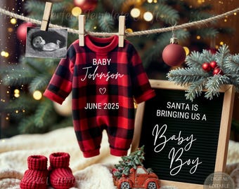 Digitalt tillkännagivande om graviditet för julgranskare, Buffalo Plaid Holiday, Det är en pojke, jultomten kommer med en pojke till oss