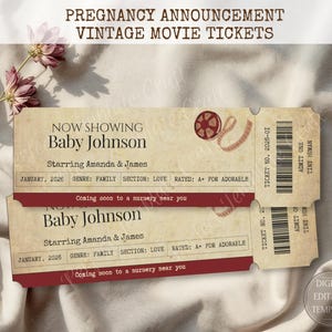 Bearbeitbares Schwangerschaftsankündigungsticket Movie Style Baby Reveal Benutzerdefinierte digital druckbare Babymitteilung für Social Media bearbeitbare Vorlage