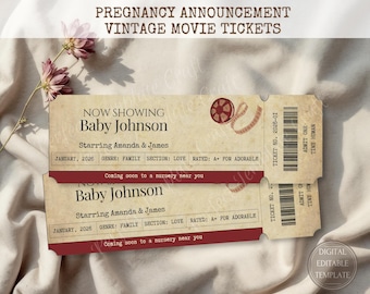 Editable Pregnancy Announcement Ticket Movie Style Baby Reveal Custom Digital Printable Baby Announcement for Social Media Editable Template