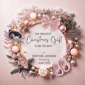 Babymeisje kerst zwangerschap aankondiging digitaal, roze Boho kerst babymeisje aankondiging, New Years Its a Girl Gender Reveal sjabloon