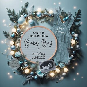 Faire-part de grossesse numérique Noël garçon, c'est un faire-part de bébé garçon, modèle modifiable Noël magique bleu garçon Boho