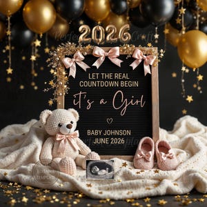 Baby Girl New Year Pregnancy Announcement Digital, New Years Baby Girl Announcement, Its a Girl. Let The Real Countdown Begin 2026