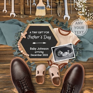 Fathers Day Pregnancy Announcement to husband parents, Digital Baby Announcement Editable Template, Tiny Gift, Father's Day. Gender Neutral image 1