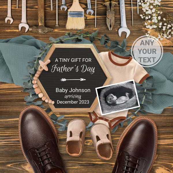 Fathers Day Pregnancy Announcement to husband parents, Digital Baby Announcement Editable Template, Tiny Gift, Father's Day. Gender Neutral