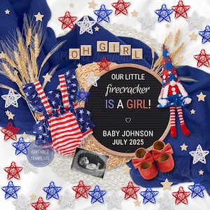4.Juli Baby Mädchen Ankündigung Firecracker Schwangerschaft enthüllen digitaler Download patriotisch editierbare Schwangerschaftsankündigung rot weiß blau