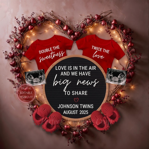 Valentines day Twins pregnancy announcement digital, Valentine's Twin Babys announcement Reveal Gender Neutral Little Valentine announcement