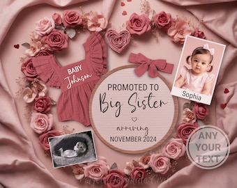 Big Sister Pregnancy Announcement Digital, Second baby girl announcement template social media, Promoted to Big sister announcement #2