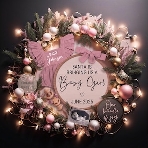 Babymeisje kerst digitale zwangerschapsaankondiging, roze Boho kerst babymeisje aankondiging, vakantie winter het is een meisje bewerkbare sjabloon