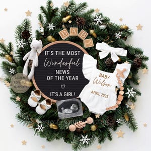 Faire-part de grossesse numérique fille Noël, faire-part de bébé de vacances simple C'est une fille, sexe Boho flocon de neige, modèle modifiable