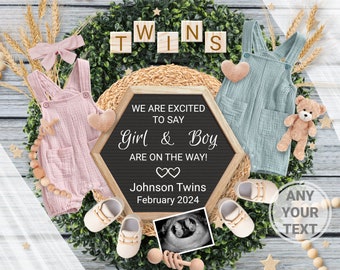 Twin boy girl Pregnancy Announcement Digital, Gender Reveal Boy and Girl, twice Editable Boho Template, Two Little boy & girl are on the way