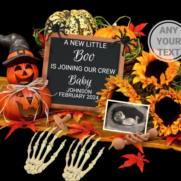 Halloween Schwangerschaft Ankündigung Digital, gruselige Baby Ankündigung bearbeitbare Vorlage mit Ultraschall, neuer kleiner Boo schließt sich unserer Crew an