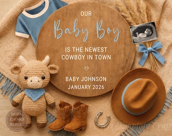 Cowboy baby boy pregnancy announcement digital, western theme template, wild west It's a Boy reveal editable corral ranch country style