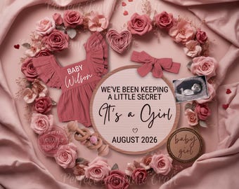 Its a Girl pregnancy announcement digital, Valentines day baby Girl announcement, Pink Floral Editable Template, Gender Reveal for Husband